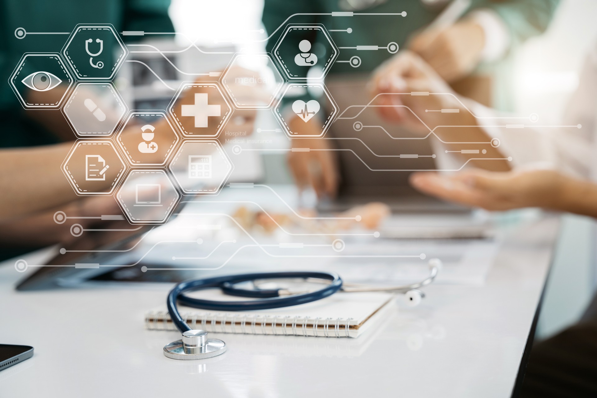 Close up of a stethoscope and digital tablet with virtual electronic medical record of patient on interface.Digital healthcare and network on modern virtual screen, DNA medical technology.